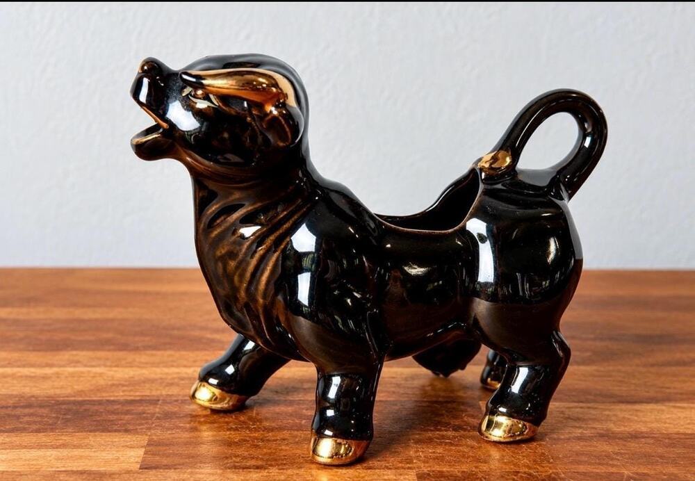 Vintage 1950s Black Bull Creamer | Gold Accents, Mid-Century Ceramic Pitcher - Picture 1 of 15